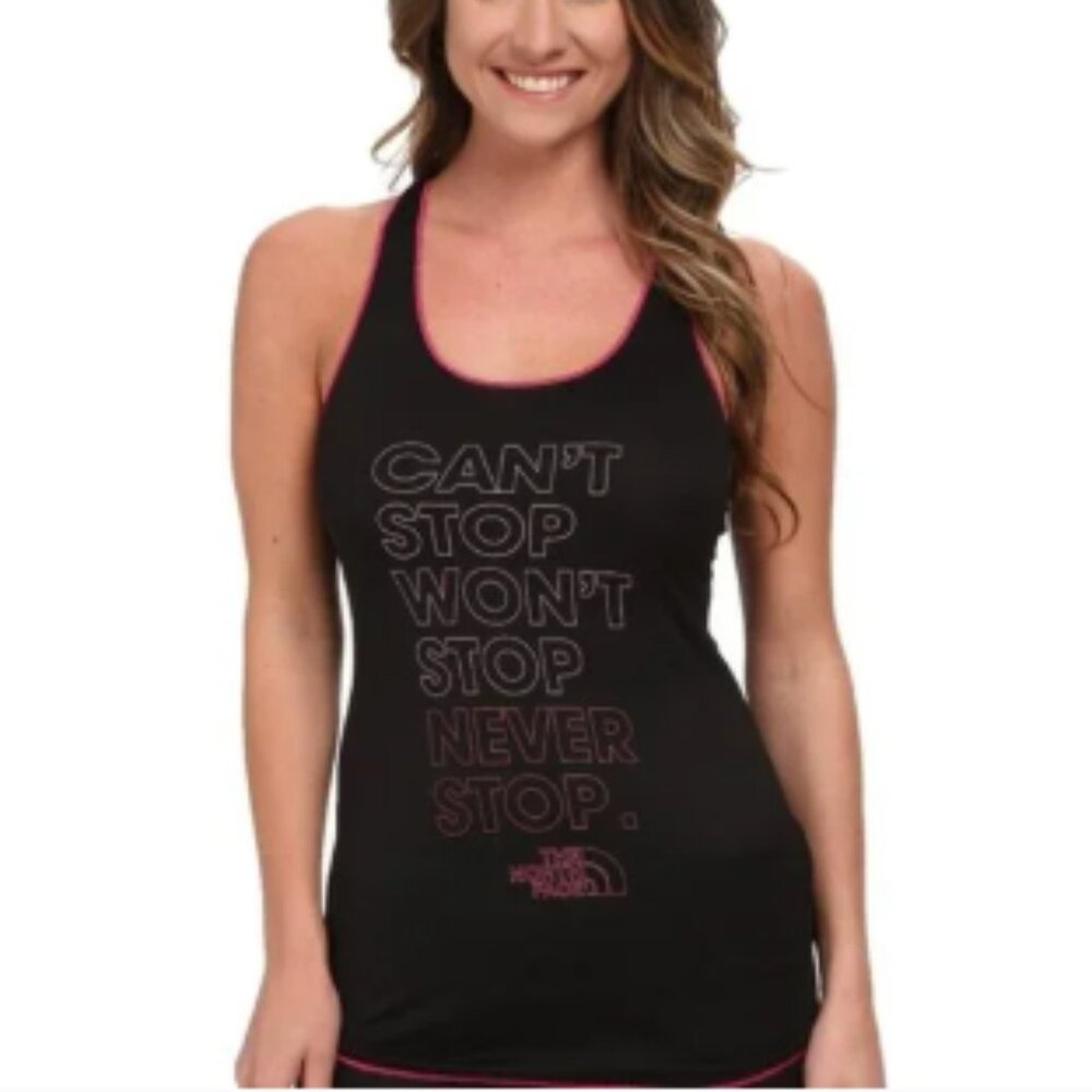 The North Face Tank Women's Small Pink/Black "CAN'T‎ STOP WON'T STOP NEVER STOP"